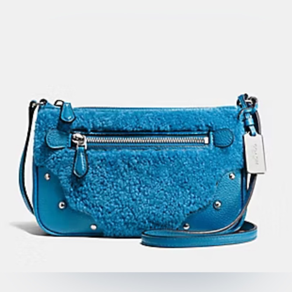 NWT Coach 36490 Shearling Small Leather Rhyder Pochette Peacock/Blue Crossbody
